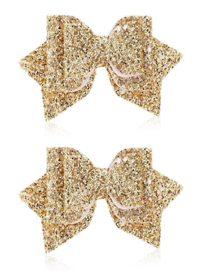 Styquenzer 2 Pcs Gold Hair Bow Clips, 5 Inch Glitter Hair Bows for Girls Sparkly Double Bowed Accessories Glitter Sequin Boutique Head Clip Delicate Satin Headwear Set for Birthday Wedding Party Back School Gift - Image 1